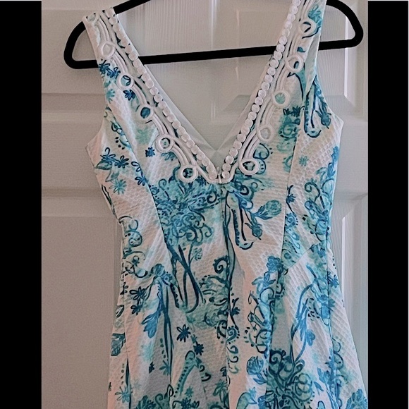 LILLY PULITZER BRYNN DRESS SHIFT SLEEVELESS BLUE WHITE BIRDS LACE SIZE 2 - Picture 6 of 10
